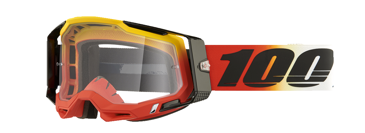 Bill's Exhausts 100% Racecraft 2 Goggles in clear, featuring a sleek design and adjustable straps for racing and motocross use.