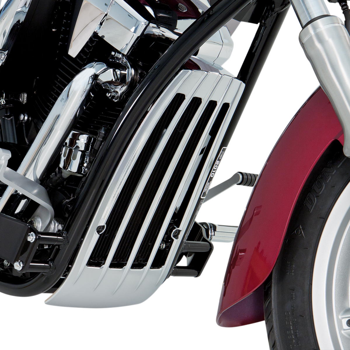 Show Chrome radiator grille for VT1300 engine, chrome finish, designed for Bill's Exhausts motorcycle parts.