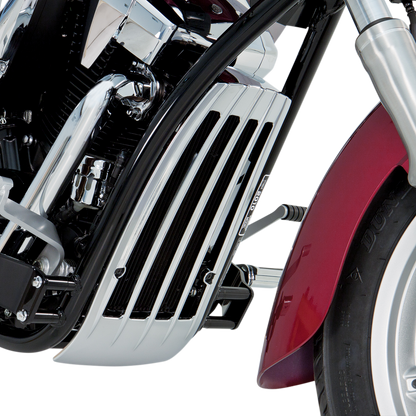 Show Chrome radiator grille for VT1300 engine, chrome finish, designed for Bill's Exhausts motorcycle parts.