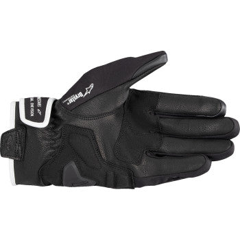 Black and white Alpinestars Moblast WP gloves, motorcycle gloves with protective features, shown on a plain background.
