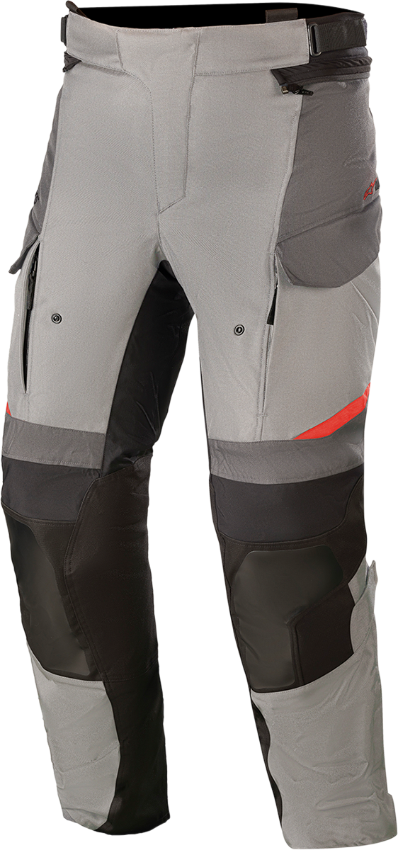 Alpinestars Andes v3 Drystar® motorcycle pants in ice gray and dark gray, medium size, with reinforced knee areas and waterproof fabric.