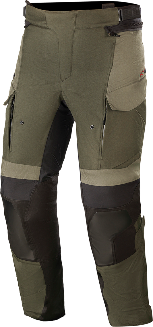 Alpinestars Andes V3 Drystar® motorcycle pants in forest green, small size, featuring reinforced knee protection and waterproof fabric.