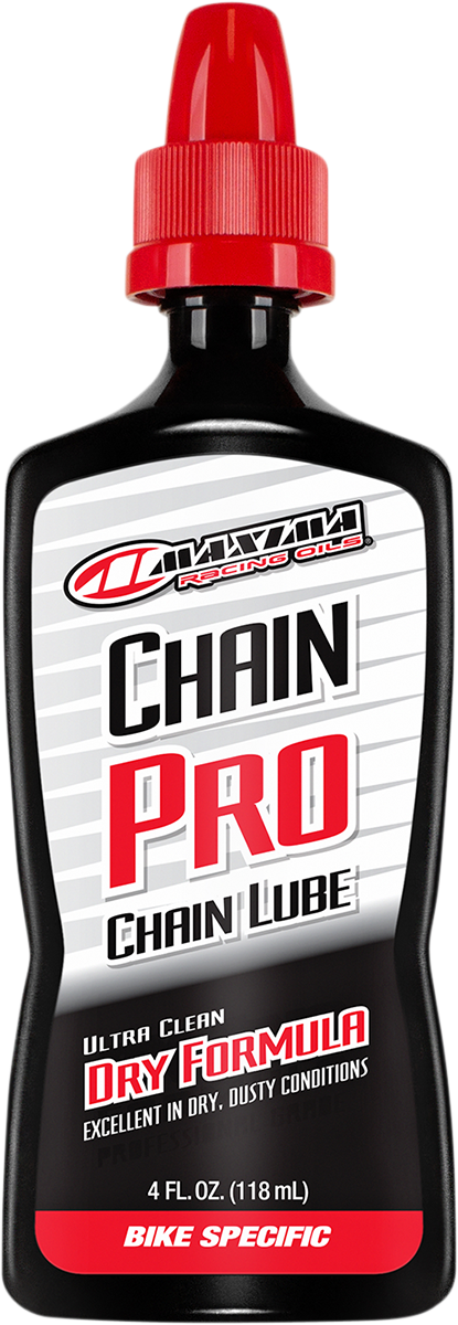 MAXIMA Racing Oil Chain Lubricant Dry bottle, 4 fl oz, designed for motorcycle chains and high-performance racing applications.