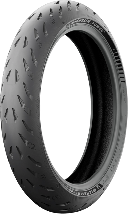 Michelin Power 5 front motorcycle tire, 120/70ZR17 size, with tread pattern visible, mounted on a wheel.