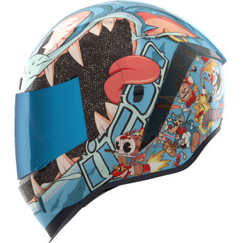 Bill's Exhausts ICON Airform™ Helmet in blue, medium size with 9 Lives design, showcasing the helmet's sleek, aerodynamic shape.