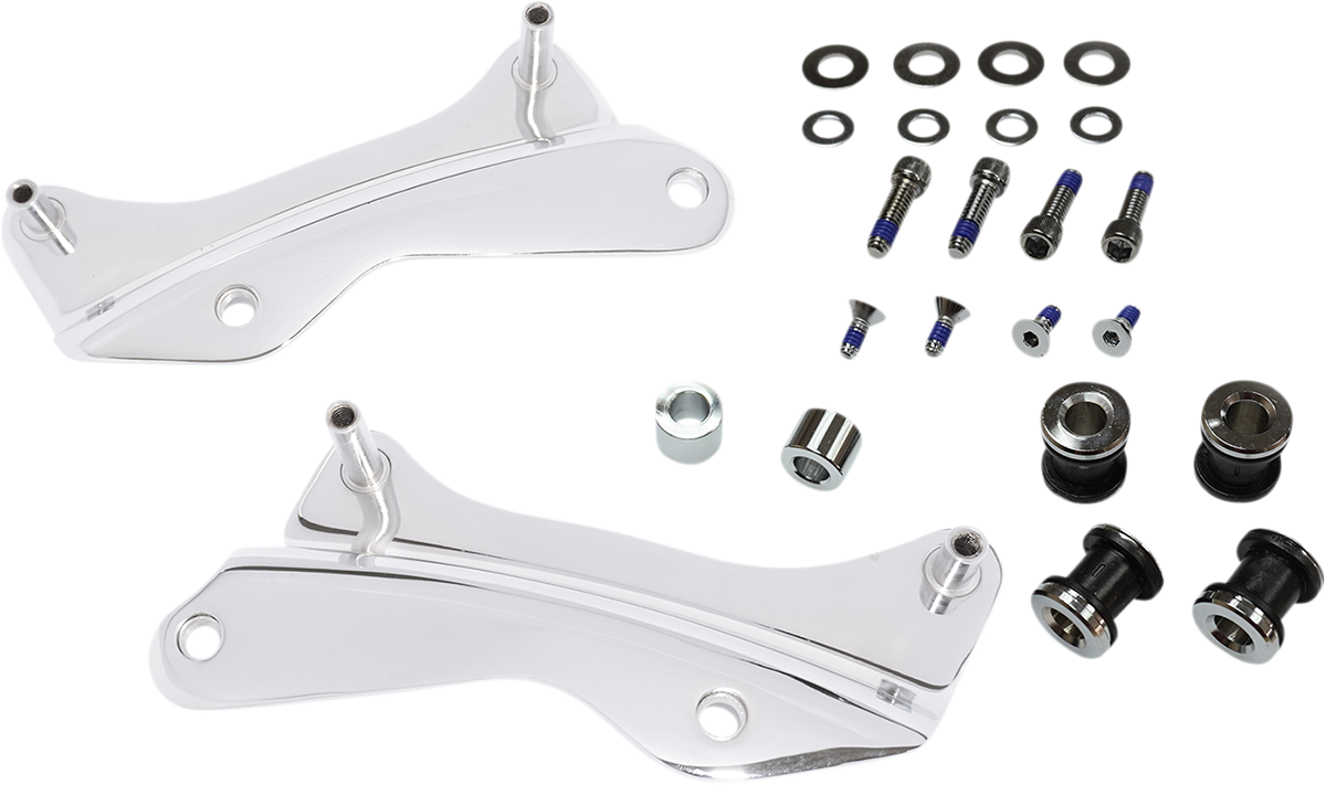 Chrome Drag Specialties backrest docking kit for Harley-Davidson motorcycles, featuring mounting hardware and chrome finish.