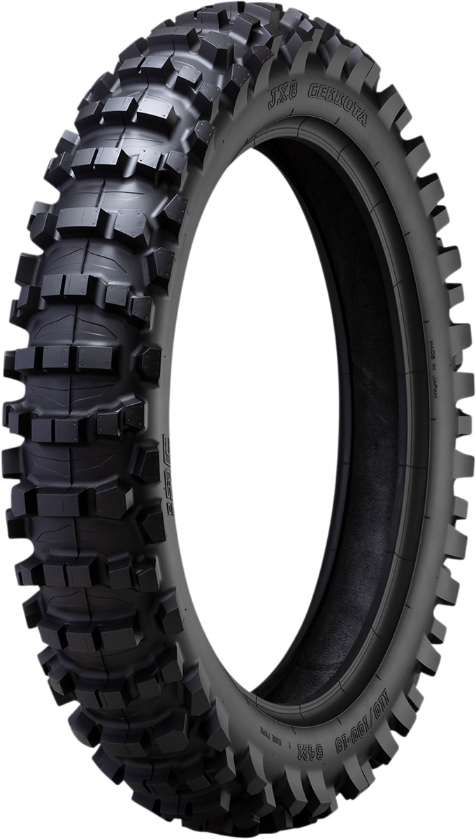 IRC JX8 Gekkota rear tire 110/100-18 for enduro and trail riding, featuring tread pattern suitable for off-road adventures.
