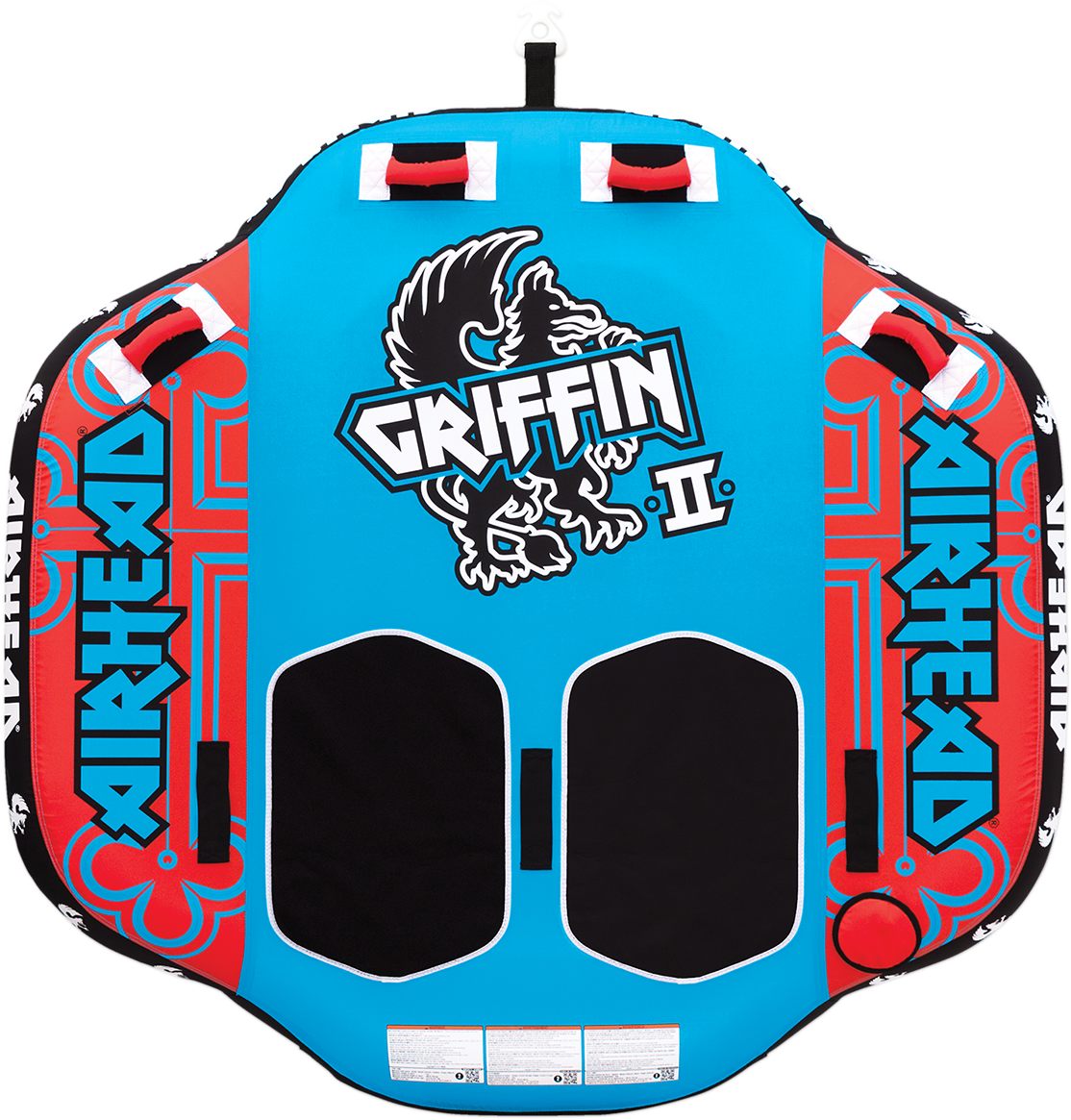 Colorful Airhead Griffin 2 water towable tube on blue water, designed for fun and water sports, by Airhead Sports Group.