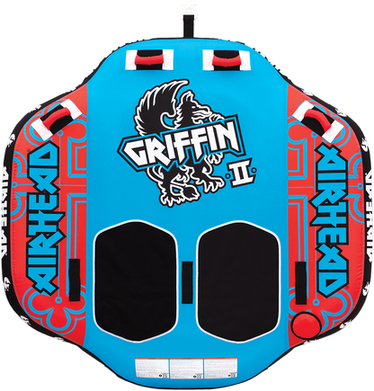 Colorful Airhead Griffin 2 water towable tube on blue water, designed for fun and water sports, by Airhead Sports Group.