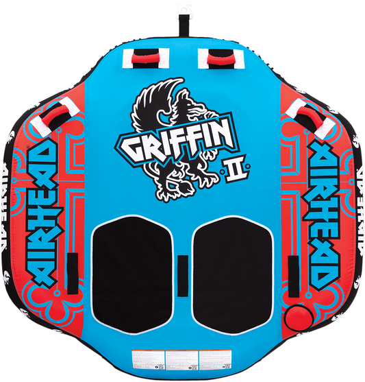 Colorful Airhead Griffin 2 water towable tube on blue water, designed for fun and water sports, by Airhead Sports Group.