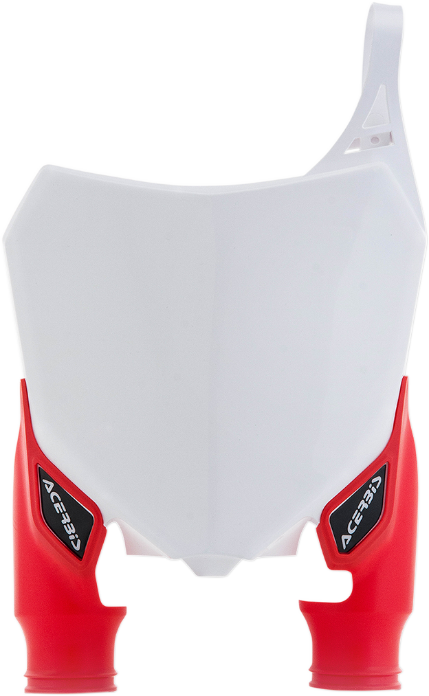 Acerbis Raptor number plate in white and red, designed for motorcycle body customization, featuring bold graphics and branding.