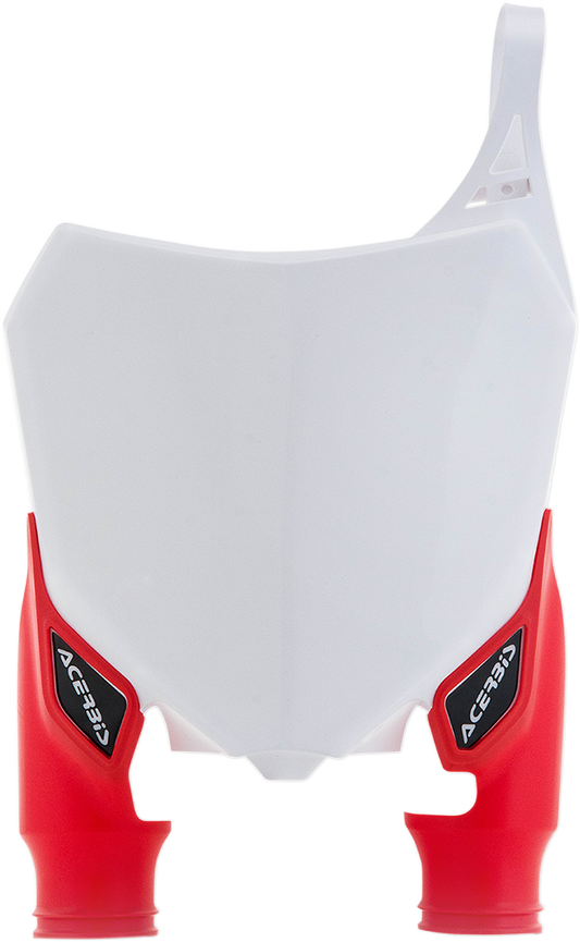 Acerbis Raptor number plate in white and red, designed for motorcycle body customization, featuring bold graphics and branding.