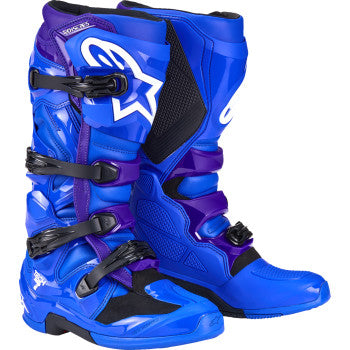 Blue Alpinestars Tech 7 motorcycle boots with protective features, size US 14, designed for durability and performance.