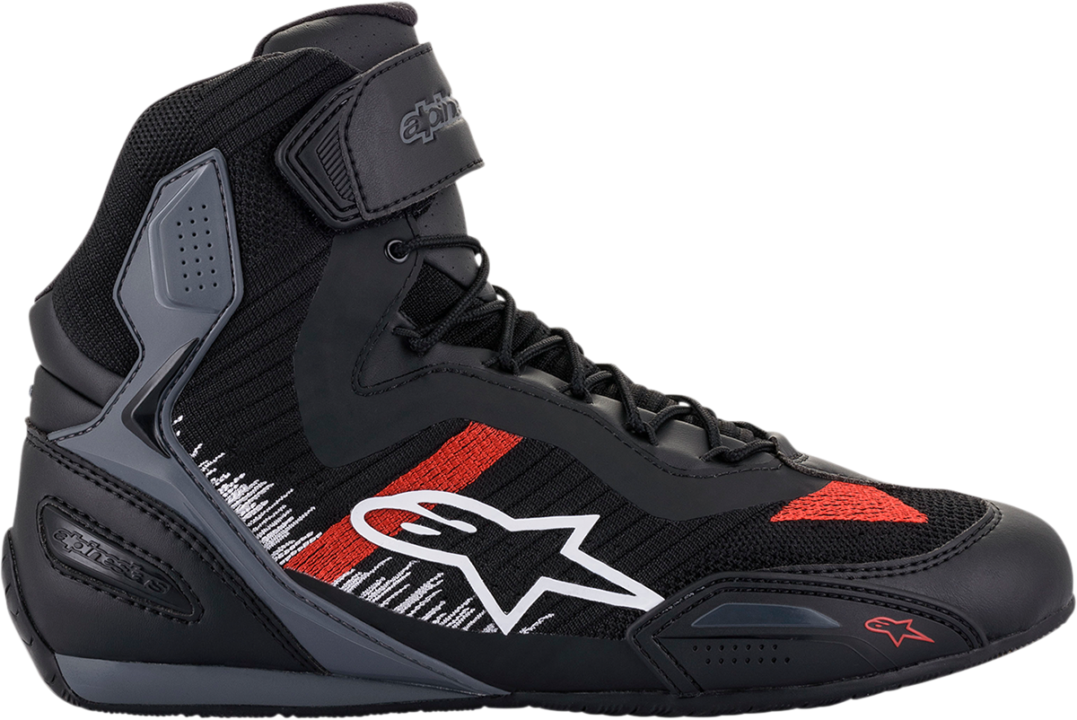 Alpinestars Faster-3 Rideknit shoes in black, gray, and red with sporty design and lacing, US size 7.