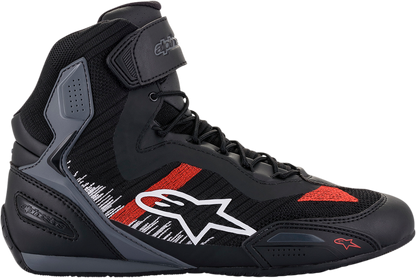 Alpinestars Faster-3 Rideknit shoes in black, gray, and red with sporty design and lacing, US size 7.