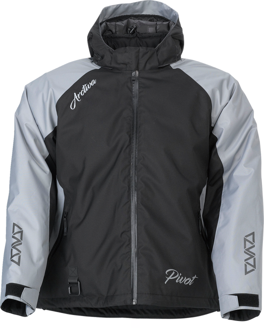 Gray women's ARCTIVA Pivot 5 hooded jacket by Bill's Exhausts, displayed with a hood and front zipper, size small.