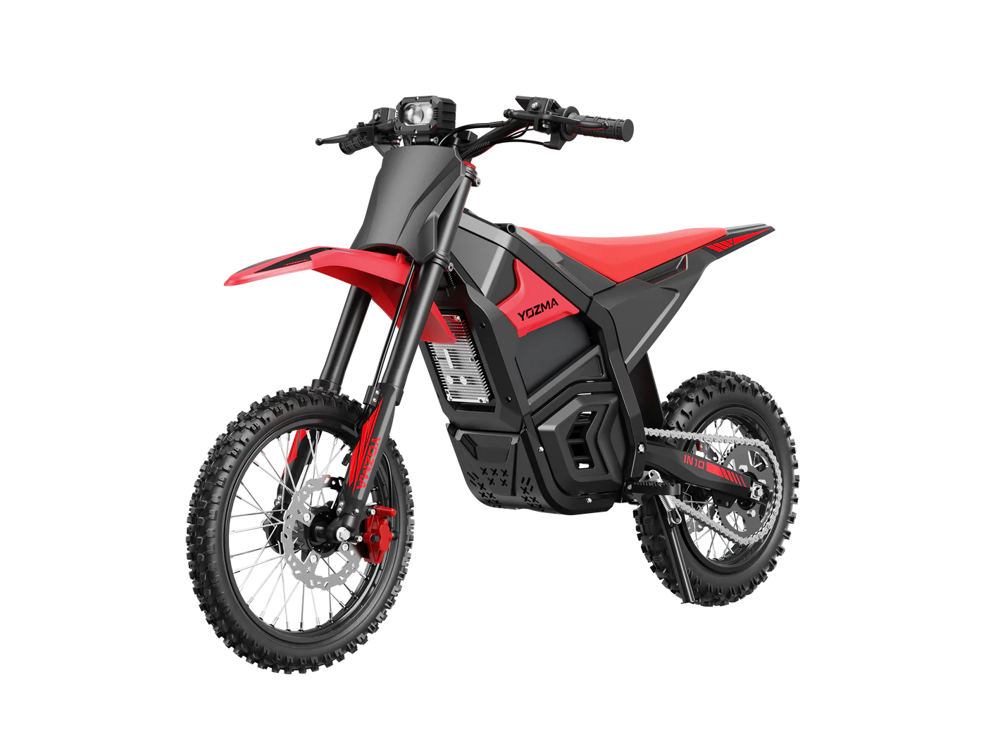 Yozma IN 10 electric mini dirt bike with 2600W motor, black frame, knobby tires, and handlebar controls, designed for off-road riding.