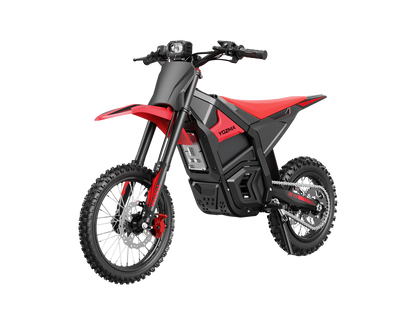Yozma IN 10 electric mini dirt bike with 2600W motor, black frame, knobby tires, and handlebar controls, designed for off-road riding.