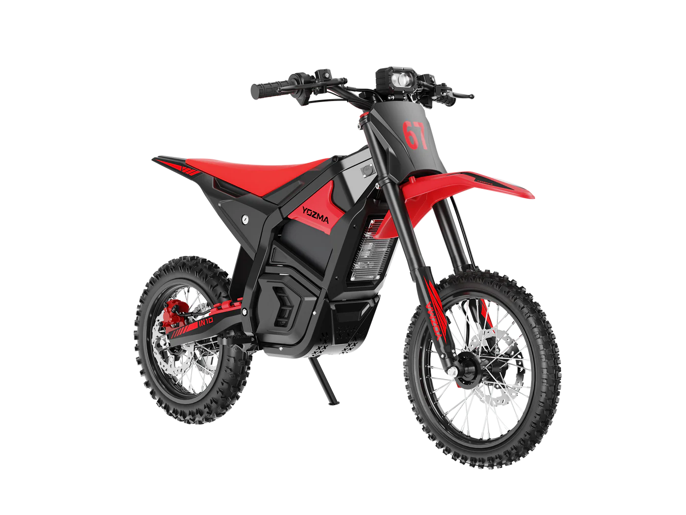 Yozma IN 10 electric mini dirt bike with 2600W motor, black frame, knobby tires, and ergonomic seat for off-road riding.