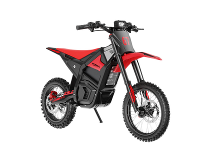 Yozma IN 10 electric mini dirt bike with 2600W motor, black frame, knobby tires, and ergonomic seat for off-road riding.