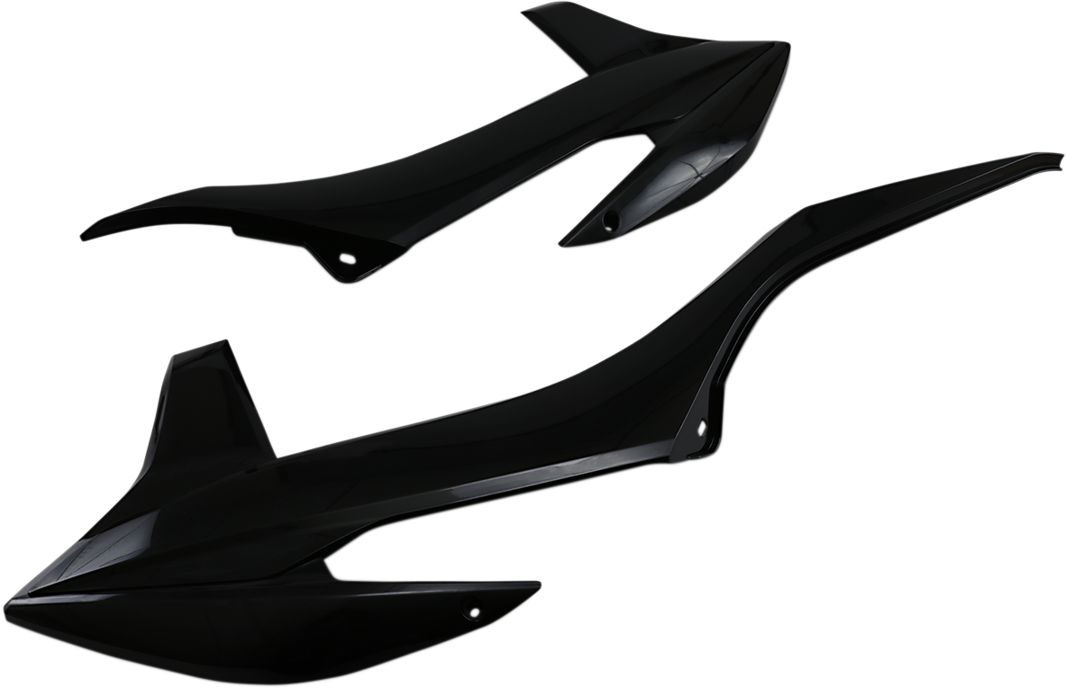Black Acerbis radiator shrouds for motorcycle body protection, featuring sleek design and compatibility with specific models.