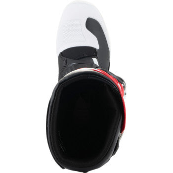 Alpinestars Youth Tech3S motocross boots in white, black, and red with adjustable straps and protective shin guards.