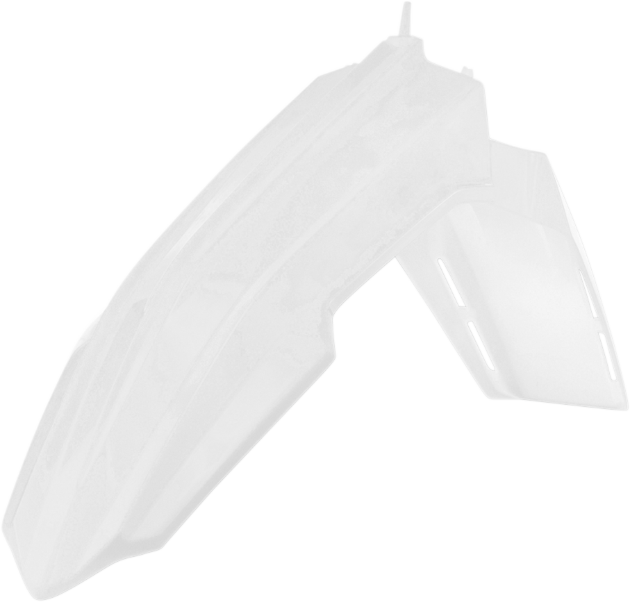 White Acerbis front fender for motorcycle, body part with mounting points, designed to fit specific models.