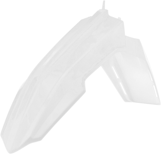 White Acerbis front fender for motorcycle, body part with mounting points, designed to fit specific models.