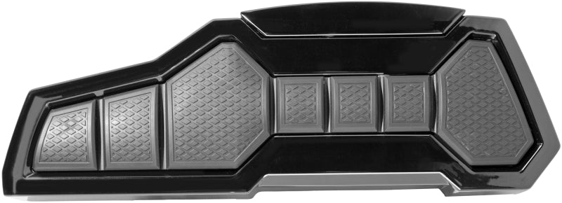 Kuryakyn Enygma motorcycle floorboards in gloss black with chrome accents, designed for custom motorcycle foot comfort and style.
