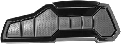 Kuryakyn Enygma motorcycle floorboards in gloss black with chrome accents, designed for custom motorcycle foot comfort and style.