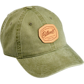 Bill's Exhausts BILTWELL RMHF Hat in light olive, showing a casual hat with Bill's Exhausts branding and a curved brim.