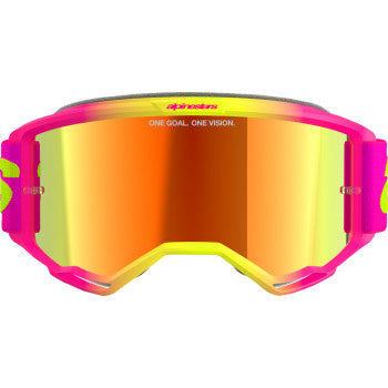 Alpinestars Vision 5 Goggle with pink and yellow fluo frame, red mirror lens, designed for motocross or racing.