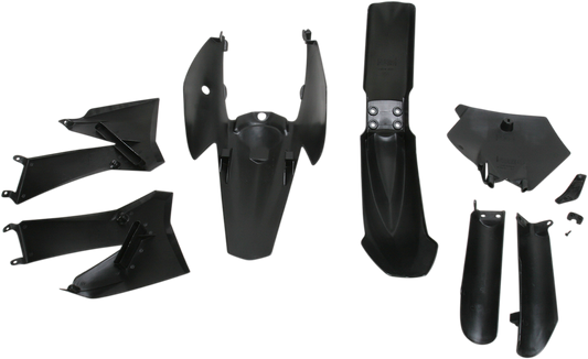 A black Acerbis full replacement motorcycle body kit on a white background, showing its sleek panels and aerodynamic design.