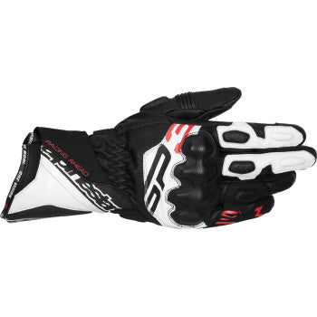 Alpinestars SP-3 motorcycle gloves in black, white, and fluo red with 3XL size, featuring protective knuckles and adjustable wrist strap.