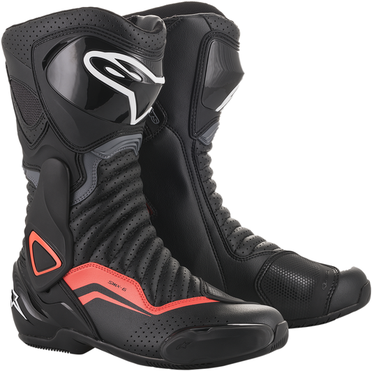 Alpinestars SMX-6 v2 vented motorcycle boots in black, gray, and red with US 9.5 size, featuring protective design and breathable vents.