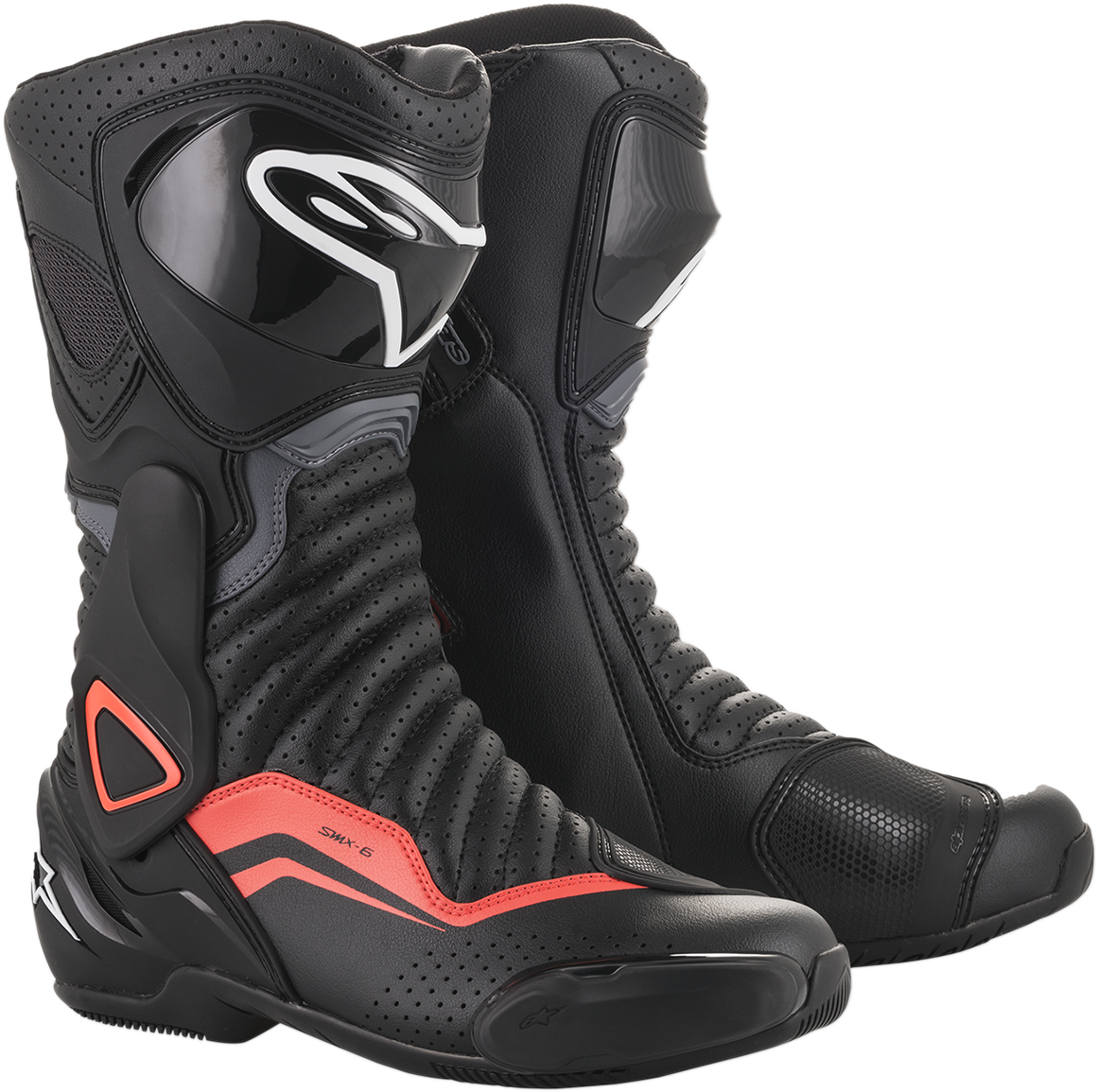 Alpinestars SMX-6 v2 vented motorcycle boots in black, gray, and red, US 7.5, showcasing reinforced ankle and breathable design.