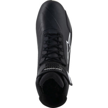 Alpinestars Stella Faster-4 black motorcycle shoes with reinforced toe and sole, US size 6, designed for riding comfort and safety.