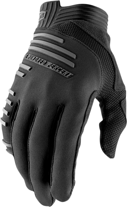 Black Bill's Exhausts 100% R-Core gloves in medium size, showing the textured fabric and reinforced palm for motorcycle riding.