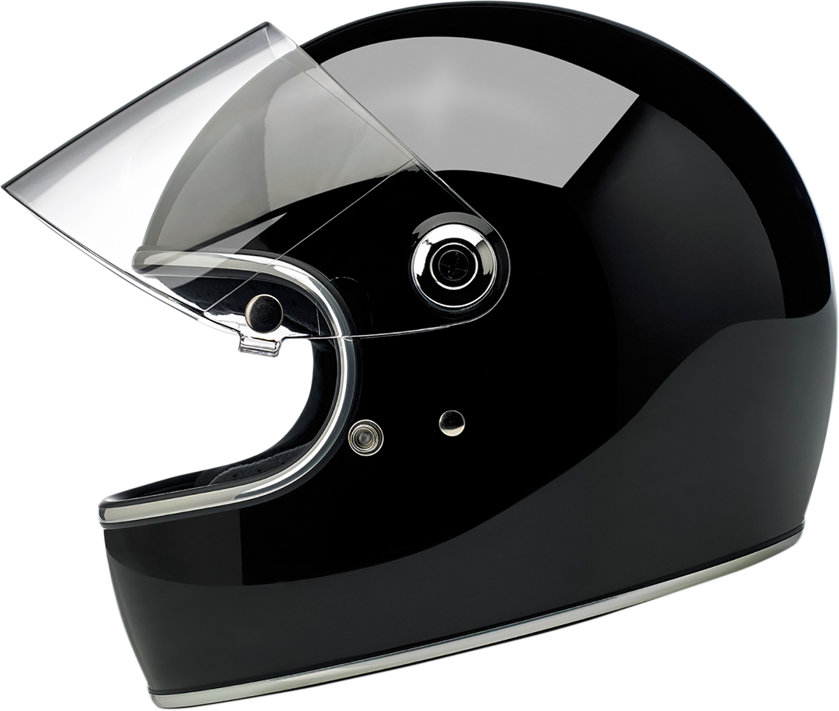 BILTWELL Gringo S helmet in glossy black, XS size, featuring a sleek motorcycle helmet design with ventilation vents and matte finish.