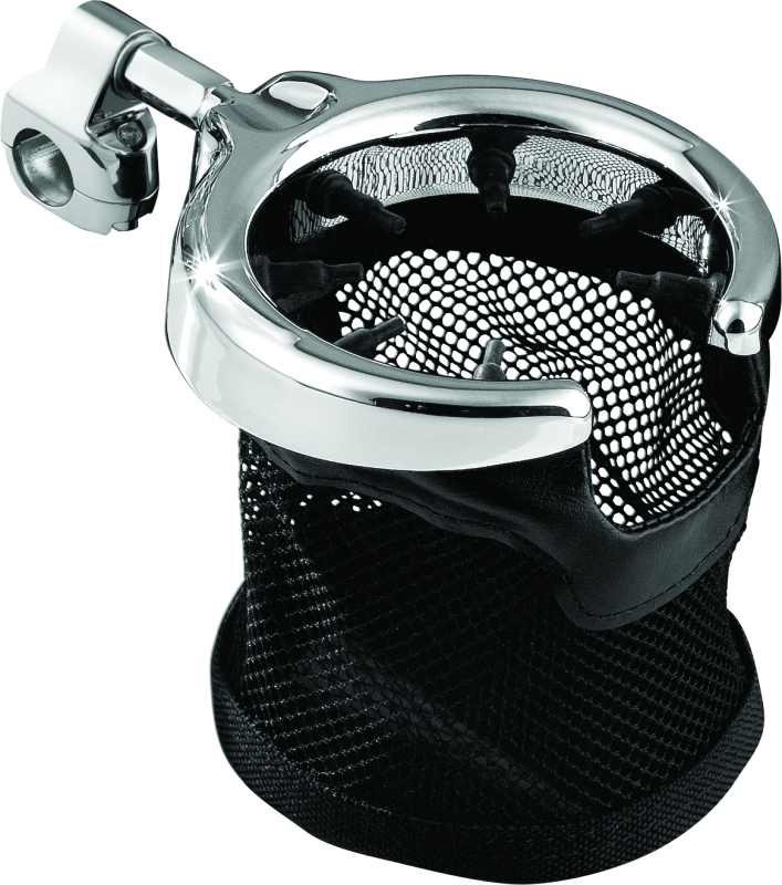 Chrome Kuryakyn drink holder with mesh basket mounted on 1-1/4 inch handlebar clamp for motorcycles.