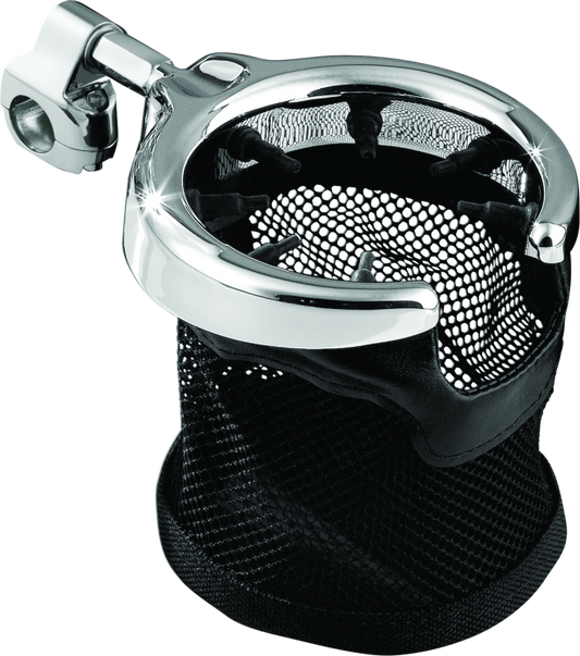 Chrome Kuryakyn drink holder with mesh basket mounted on 1-1/4 inch handlebar clamp for motorcycles.