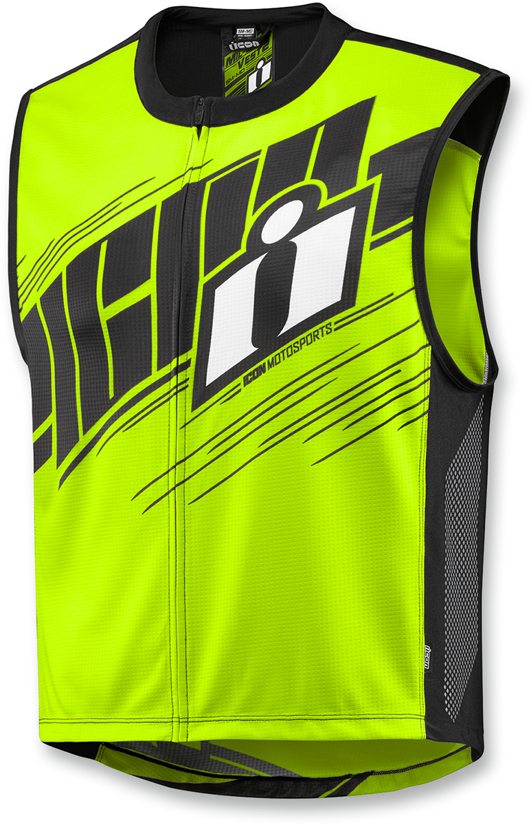 ICON Mil-Spec 2 Hi-Viz Yellow safety vest in small/medium size, featuring reflective strips and durable fabric for visibility.