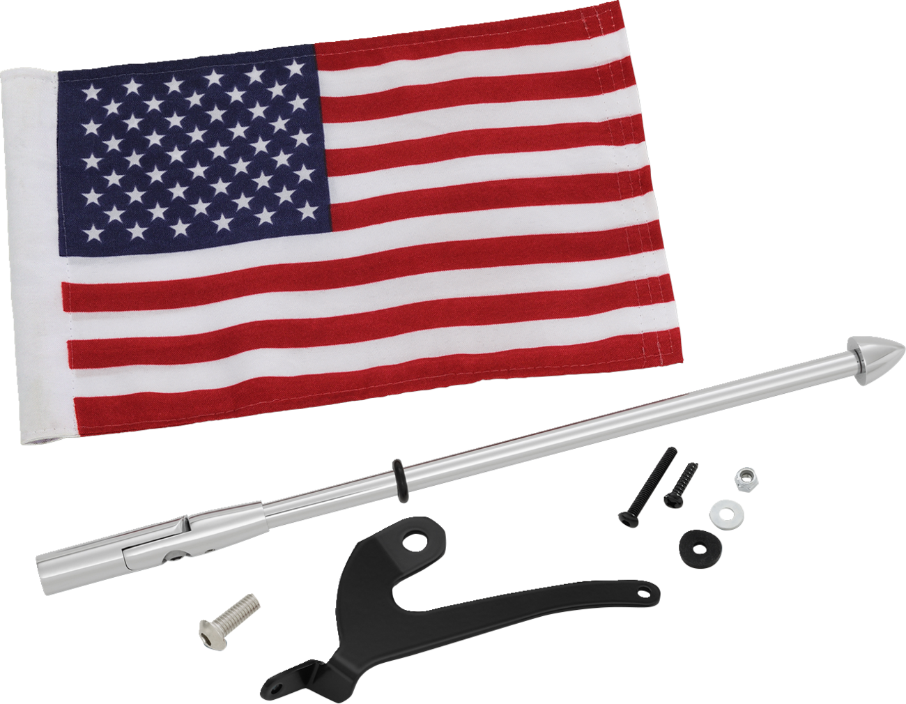 Bill's Exhausts SHOW CHROME Folding Flag Pole engine part, left side 41-203L, with chrome finish and detailed components visible.