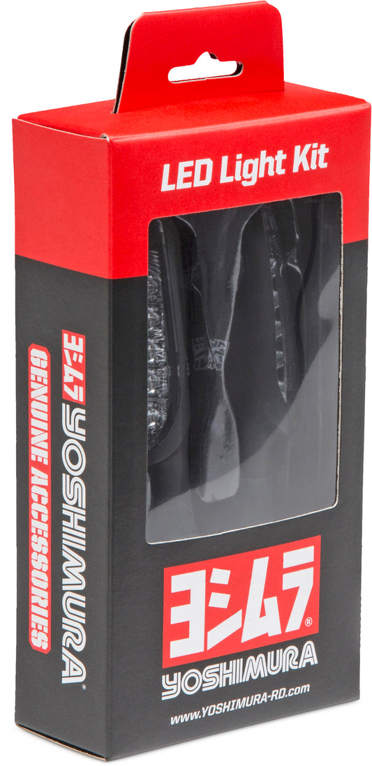 YOSHIMURA front LED turn signals with universal brackets and relay module, designed for motorcycle lighting upgrades.