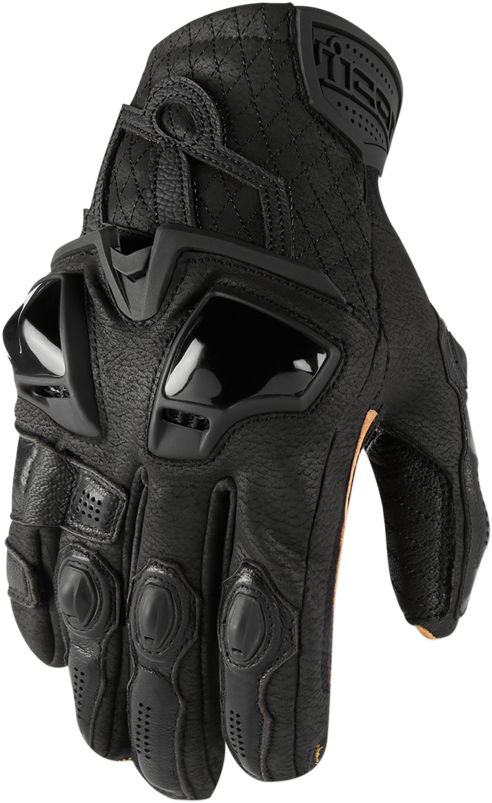 Black ICON Hypersport™ Short Gloves, close-up of the sleek motorcycle glove design with textured grip and protective details.