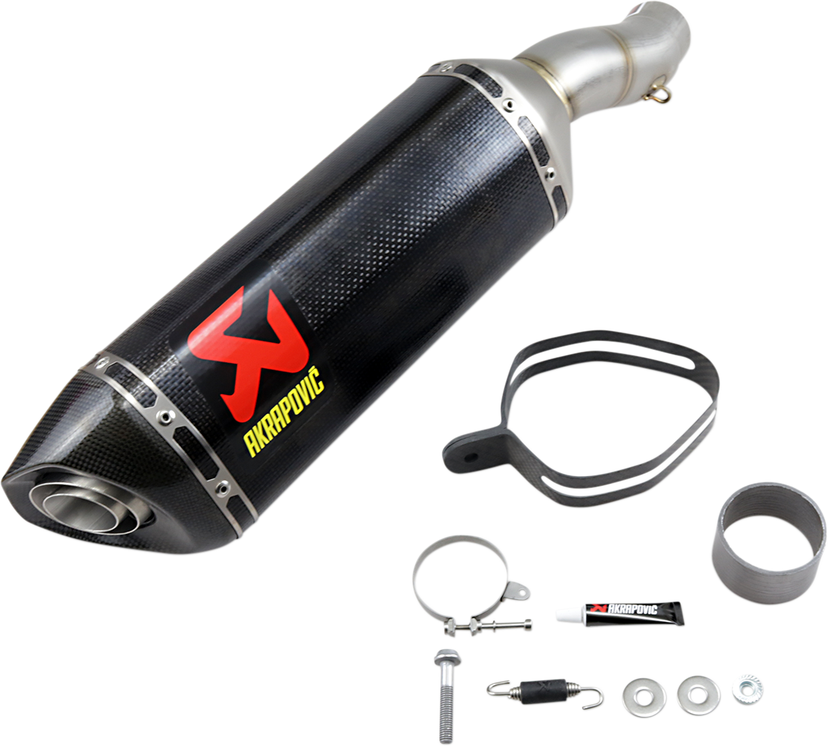 AKRAPOVIC slip-on line muffler with carbon fiber finish for Kawasaki KX models, featuring sleek, lightweight design and high-performance exhaust.