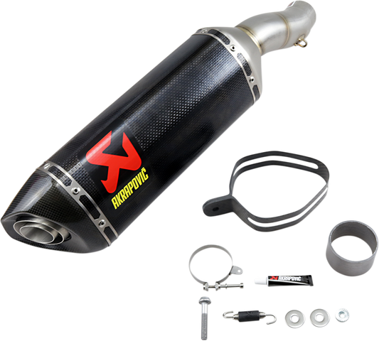 AKRAPOVIC slip-on line muffler with carbon fiber finish for Kawasaki KX models, featuring sleek, lightweight design and high-performance exhaust.
