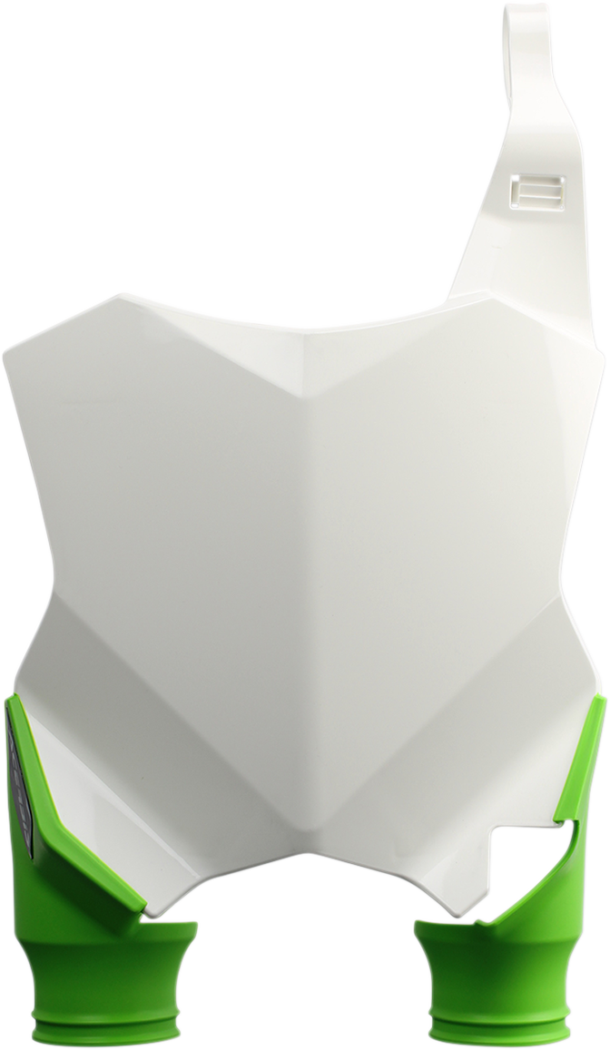 ACERBIS Raptor number plate in white and green, mounted on a motorcycle body, showcasing the distinctive design and branding.