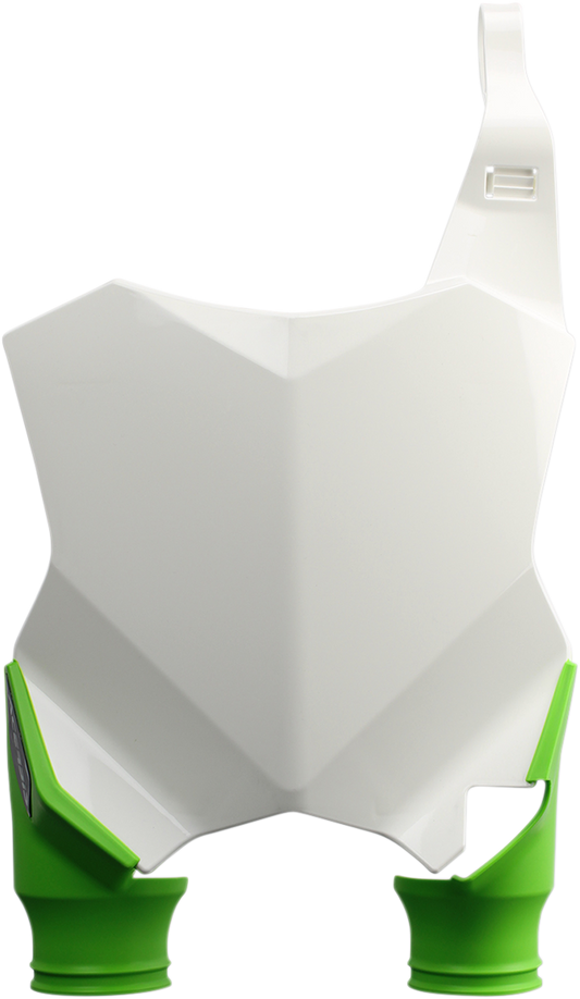 ACERBIS Raptor number plate in white and green, mounted on a motorcycle body, showcasing the distinctive design and branding.