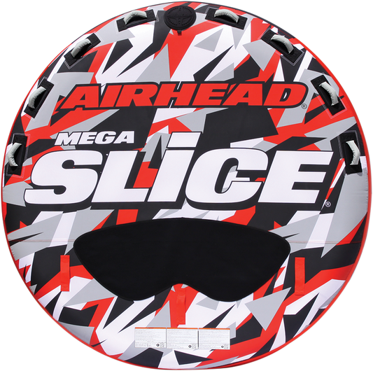 Colorful Airhead Mega Slice towable water tube on water, designed for water sports and outdoor fun, by Bill's Exhausts.